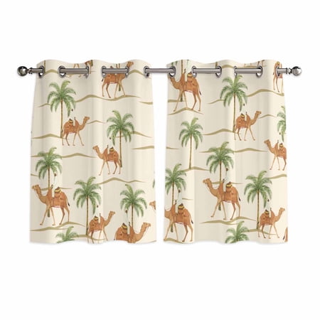 Date Coconut Tree Kitchen Curtains Window Panels Desert Camels Botanical Tropical Beige Insulated Window Treatment Curtain Grommet Curtains for Bedroom/Living Room/Bathroom 2 Piece 52 Wx45 L