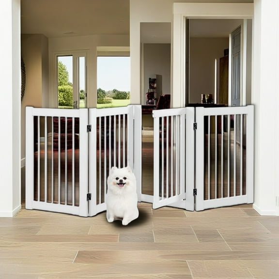Demi Bonn 30" Height Freestanding Pet Gate, Solid Wood Folding Safety Fence Dog Gate with 4 Panels Ideal for Stairs, Doorways, Halls, Kitchens, White