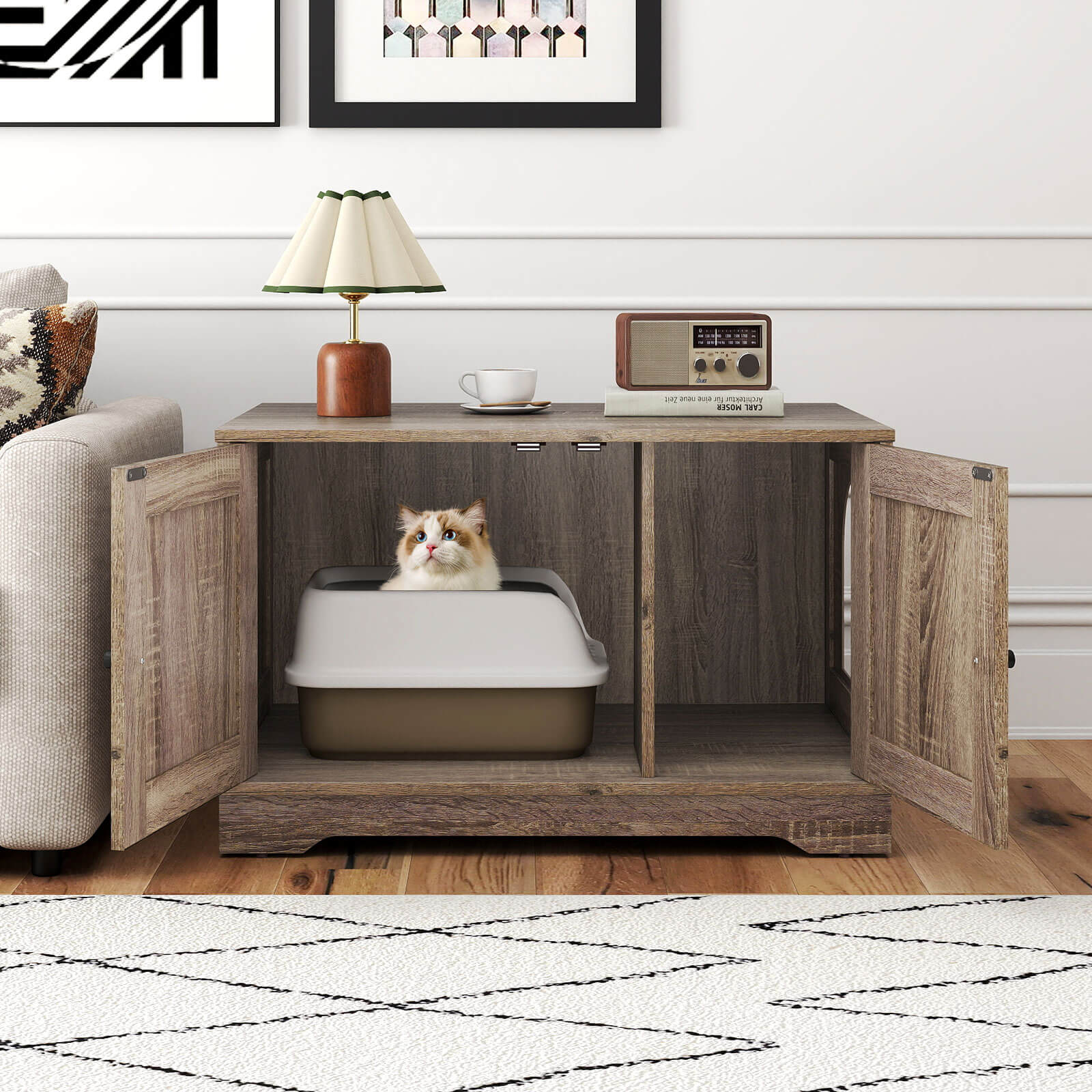 Costway Cat Litter Box Enclosure Furniture with Double Doors Divider Side Entry for Cats Gray