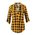 thumbnail image 1 of FashionOutfit Women's Casual Lace Up V-Neckline Rolled Up Sleeve Plaid Top, 1 of 2