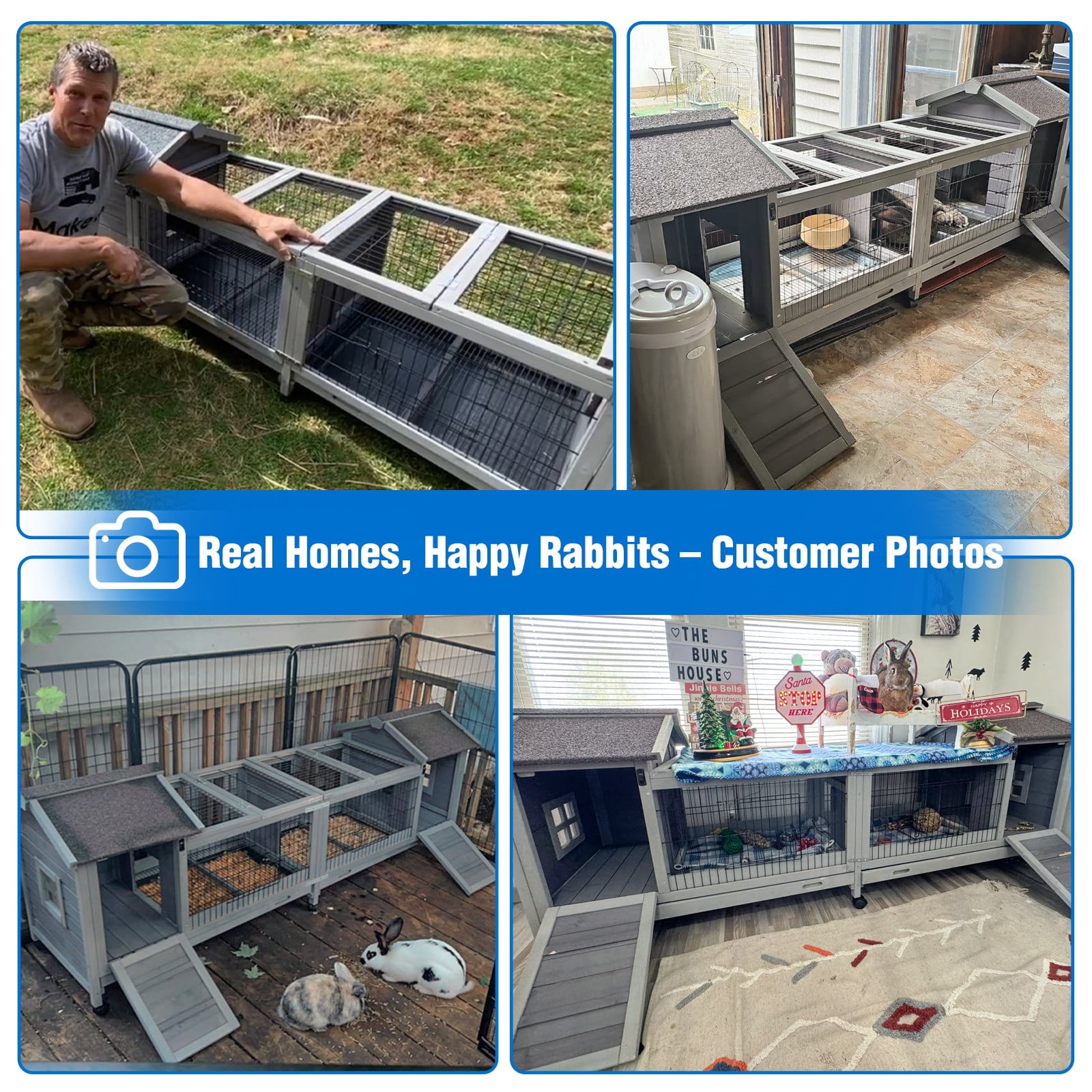 Suumerpety Rabbit Hutch Indoor Large Bunny Cage with Double House and Run Outdoor Guinea Pig House On Wheels for Bunny and Other Small Animals