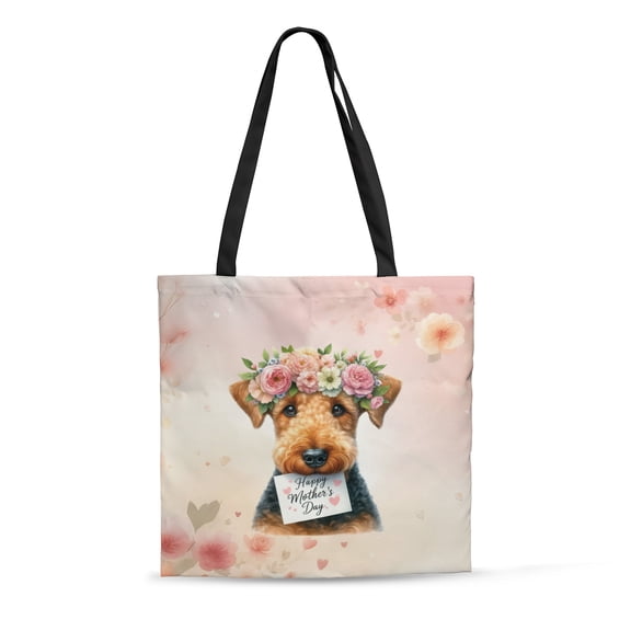 Happy Mother's Day Airedale Terrier with Flower Crown All Over Print 3D Canvas Tote Bag Dale Waterside Dog Lover Reusable Handbag - 13004