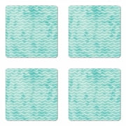 Nautical Coaster Set of 4, Soft Pastel Colored Ocean Sea Waves Pattern Summer Vibes Inspired Graphic, Square Hardboard Gloss Coasters, Standard Size, Turquoise White, by Ambesonne