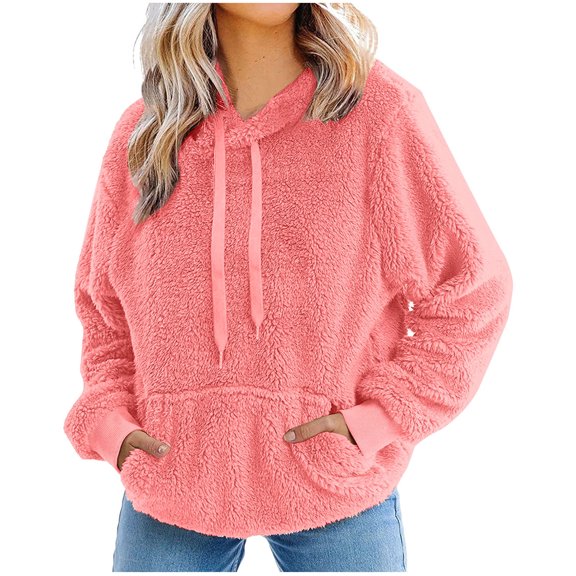 IROINNID Women's Long Sleeve Hoodie V-Neck Mid-Length Solid Color Stylish Zipper Tops Pullover Sweatshirt, Pink