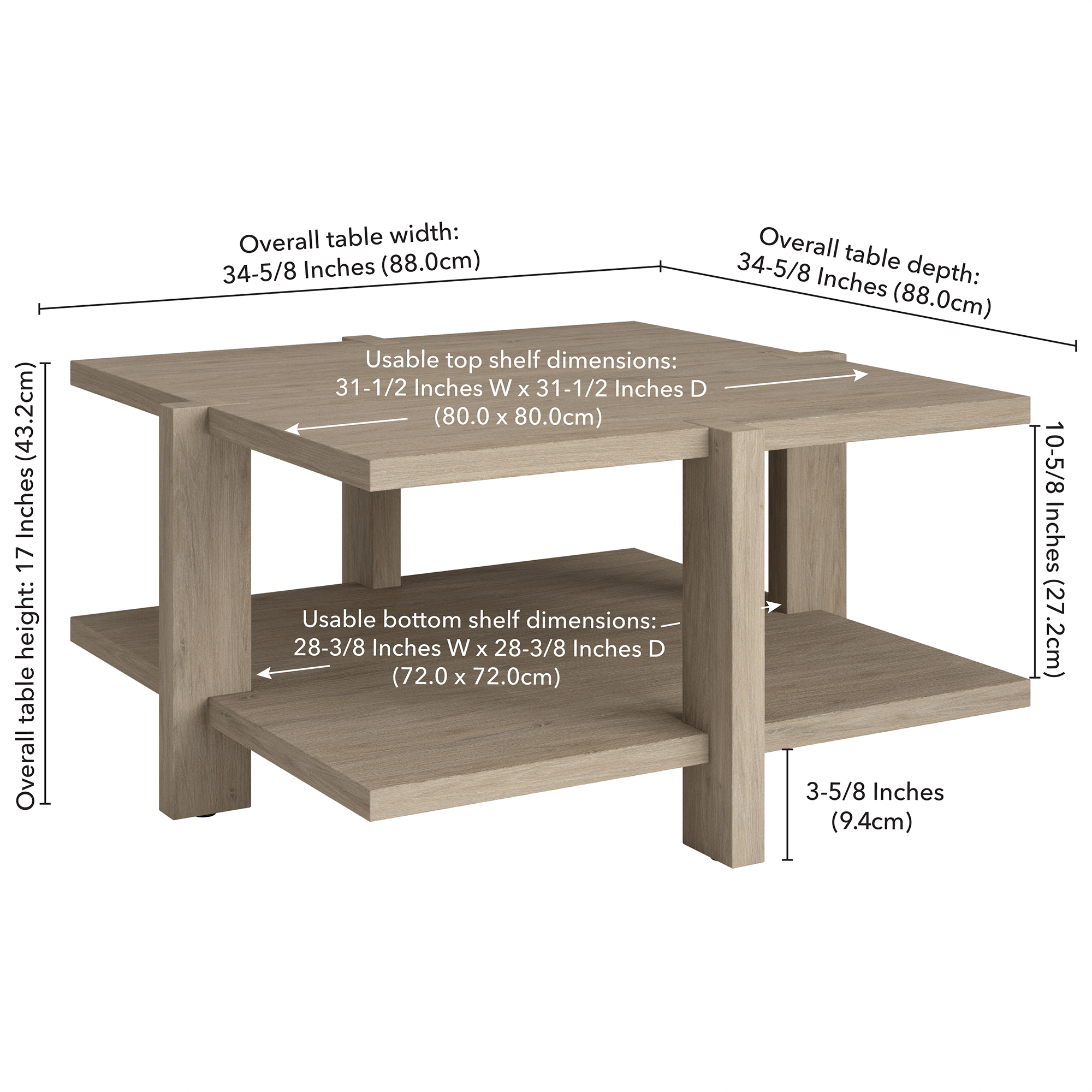 Evelyn&Zoe Ingrid 35" Wide Square Coffee Table, Antiqued Gray Oak