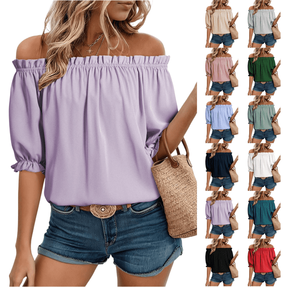 Womens Tops Short Sleeve Shirts Off the Shoulder Tops for Women Crewneck Dressy Casual Blouses Purple L