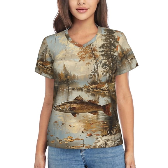 Women Short Sleeve V Neck Tops T-Shirts Summer Tees, Hunting Cabin Fish Leaf Fishing Vintage