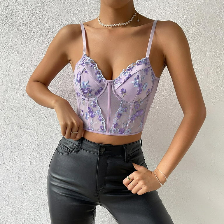Women's Fashion Floral Embroidery Corset Tops Thin Straps