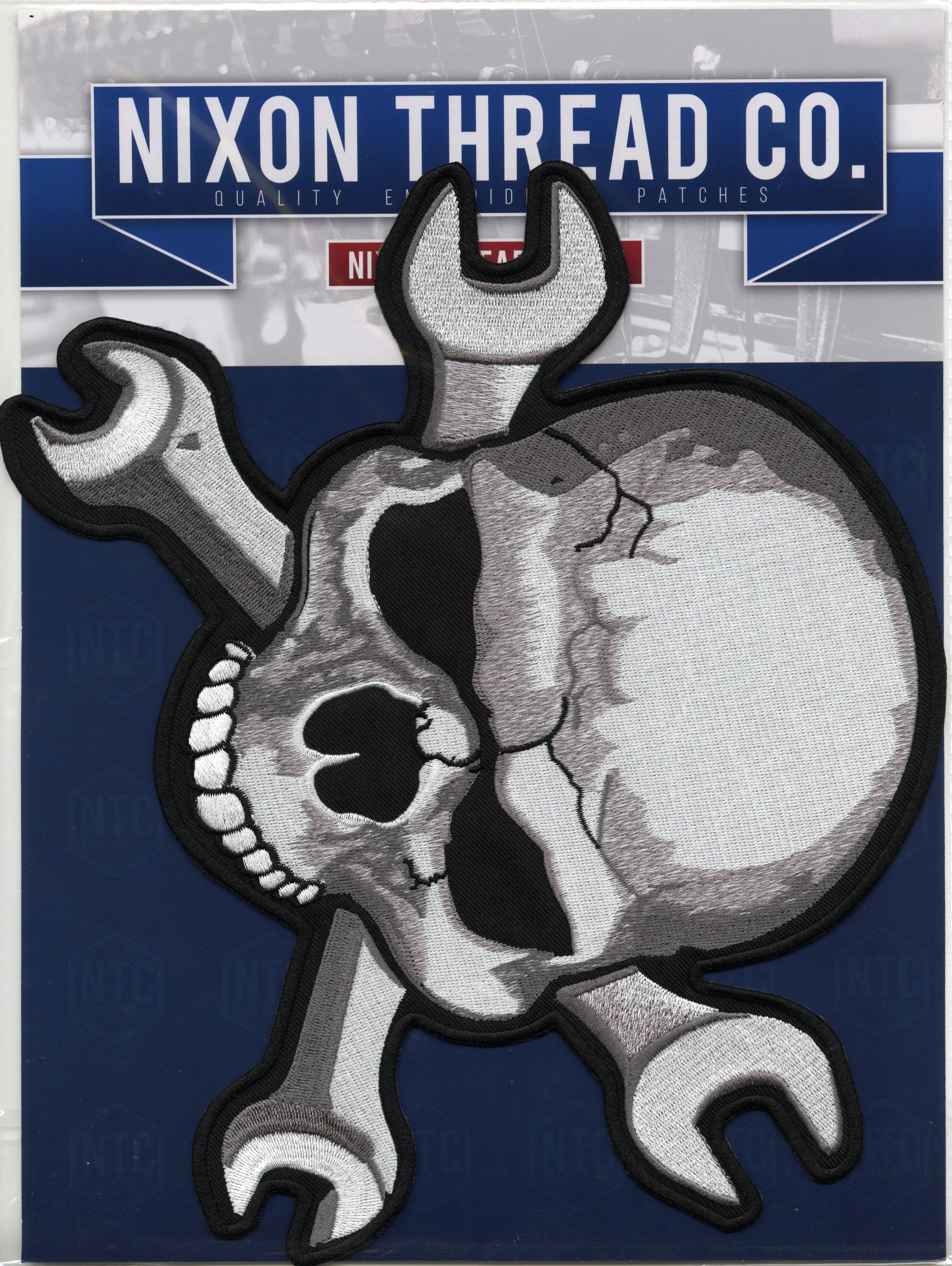 Skull & Wrench Crossbones Patch 11" | Realistic Large Skeleton Halfskull Embroidered Iron On Motorcycle Jacket Back Patch - by Nixon Thread Co.