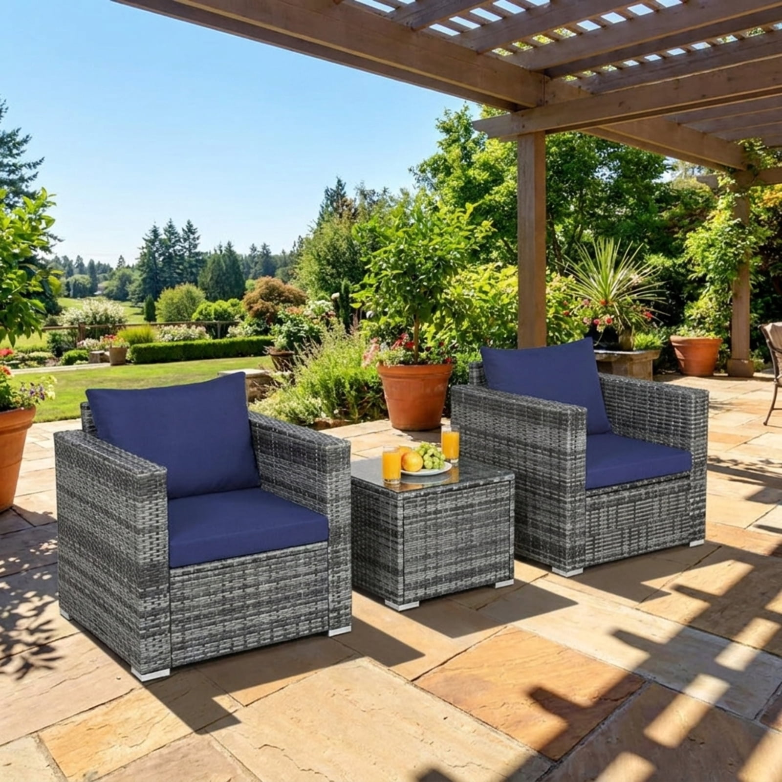 Biotree 3 Piece Patio Rattan Bistro Sofa Set outdoor conversation set with cushions and tempered glass coffee table for balcony garden and porch, Navy