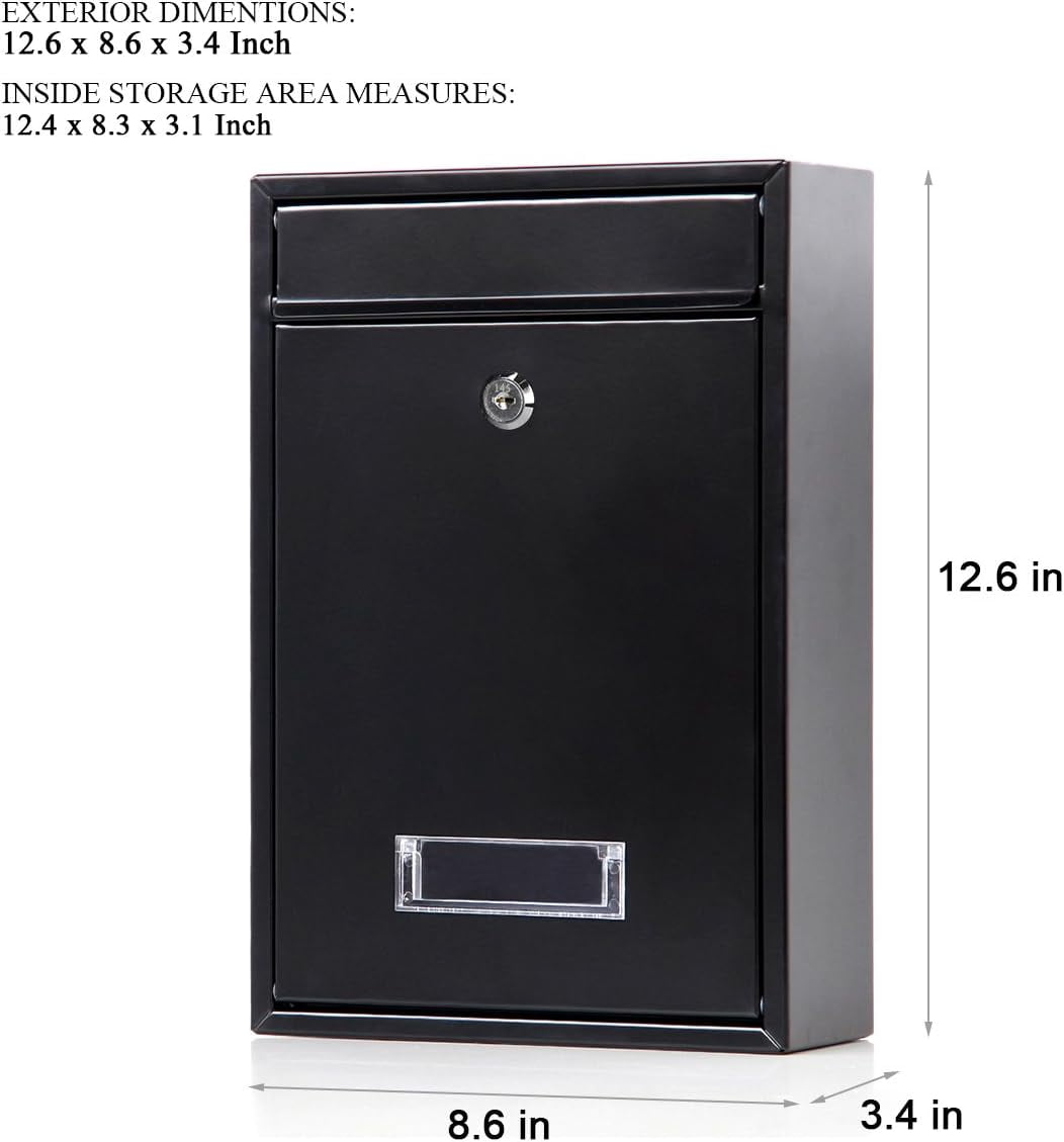 Locking Mailbox Wall Mounted Vertical – Key Lock Drop Box Medium Capacity Galvanized Steel Cover Rust-Proof Metal Post Box, Black
