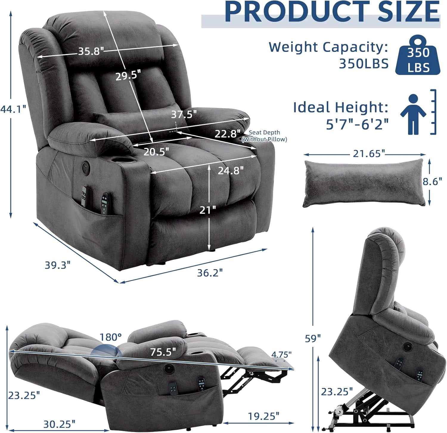 Large Dual Motor Lay Flat Power Lift Recliner Chair with Extended Footrest, Heat Massage, Oversized Electric Recliner for Big Tall Elderly, Lumbar Pillow, USB & Type-C Ports, Gray