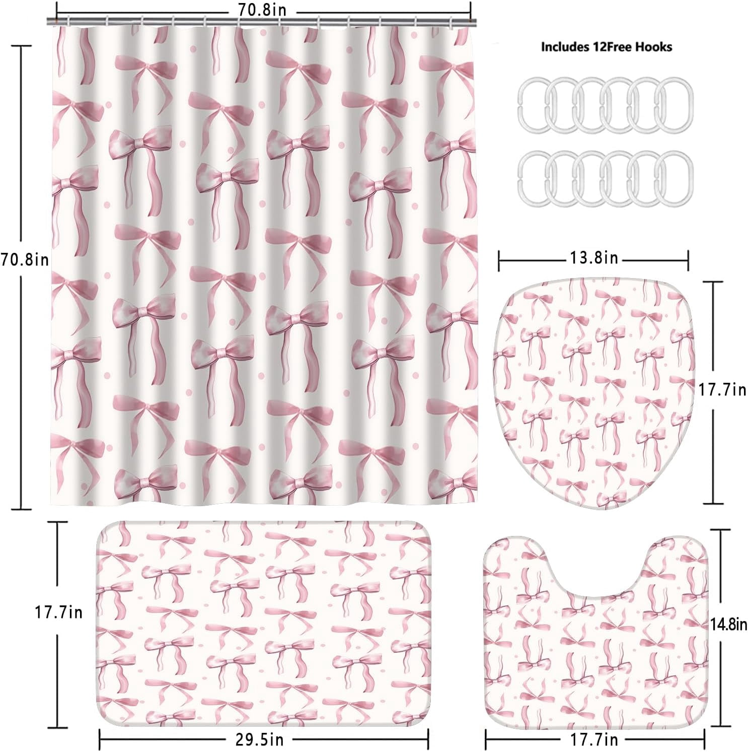 4Pcs Pink Shower Curtain Set Cute Bathroom Sets with Shower Curtain and Rugs and Accessories Aesthetic Bathroom Decor Set with 12 Hooks