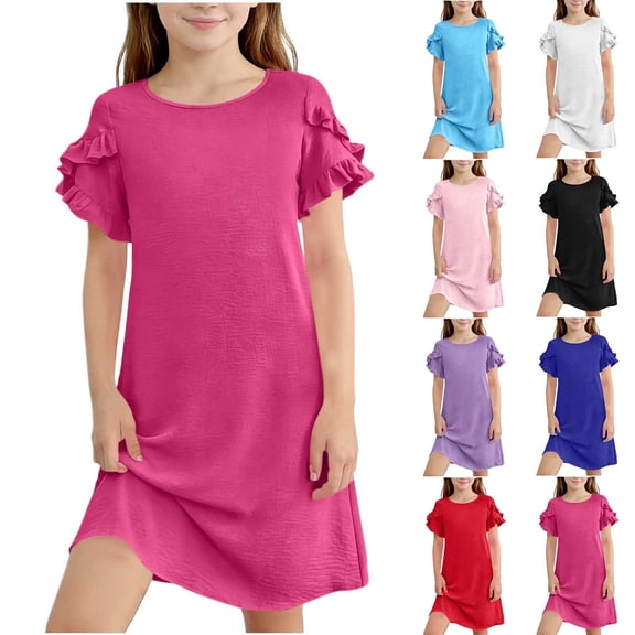 Loopsun 5-15 Years Big Girls Short Sleeve Round Neck Ruffled with Pockets Casual Dress Red, 11-12 Years
