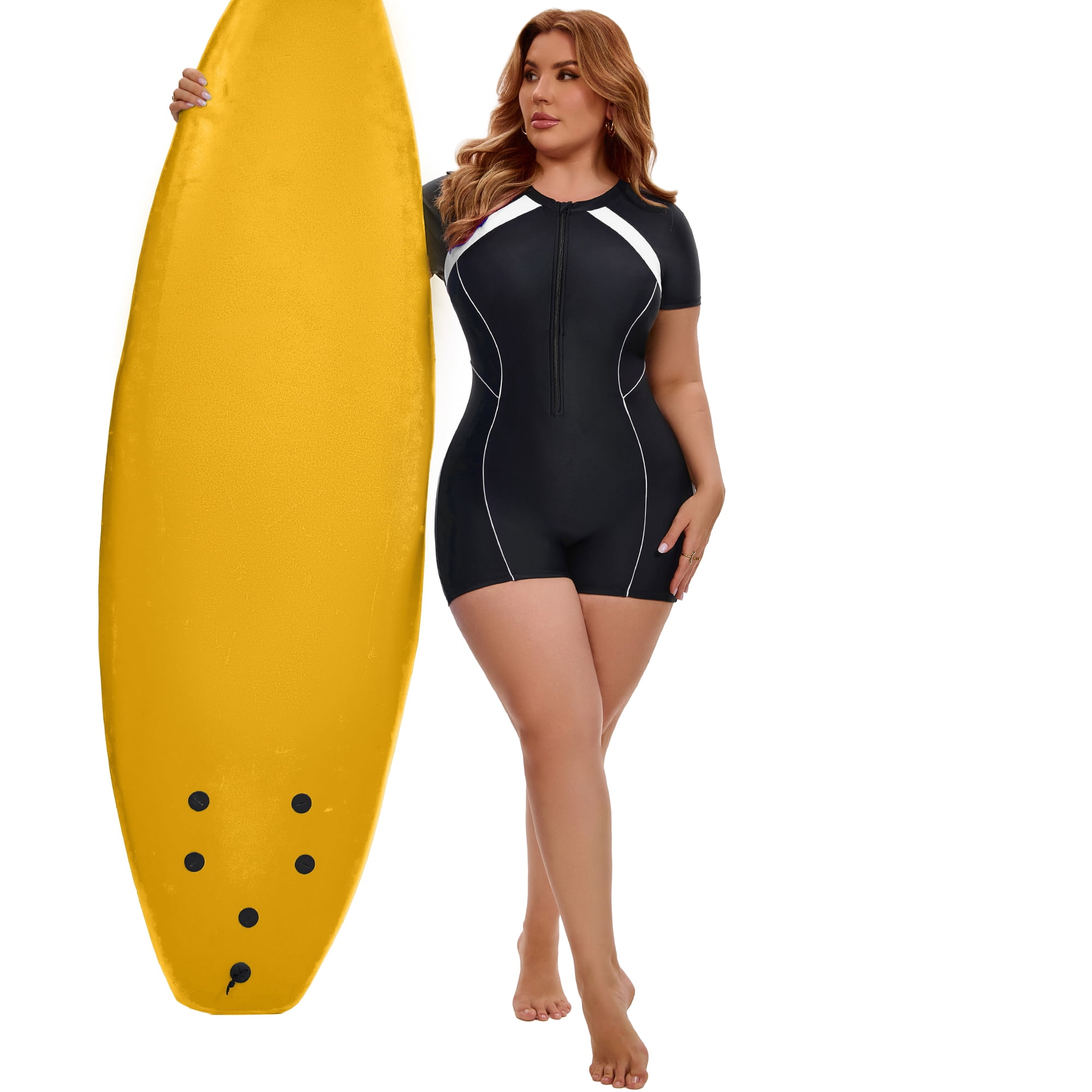 DARING DIVA Women's Plus 1 Piece Surfing with Short Swimwear 2X Black White