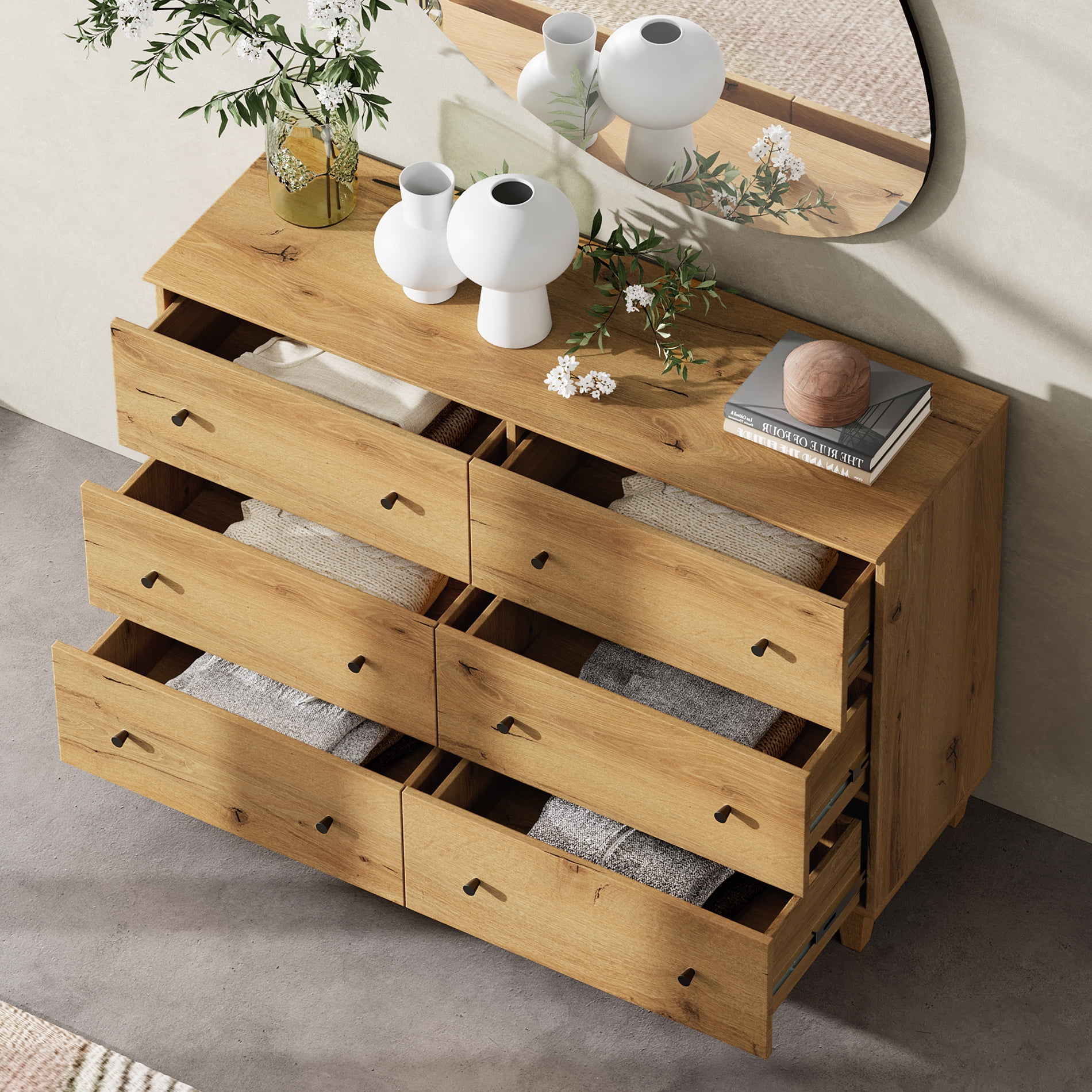WAMPAT Dresser with 6 Drawers for Bedroom, Wooden Chest of Drawers, Modern Closet Storage Organizer Unit with Solid Wood Legs for Living Room, Hallway, Nursery, 47.2x15.4x32.4, Oak Brown
