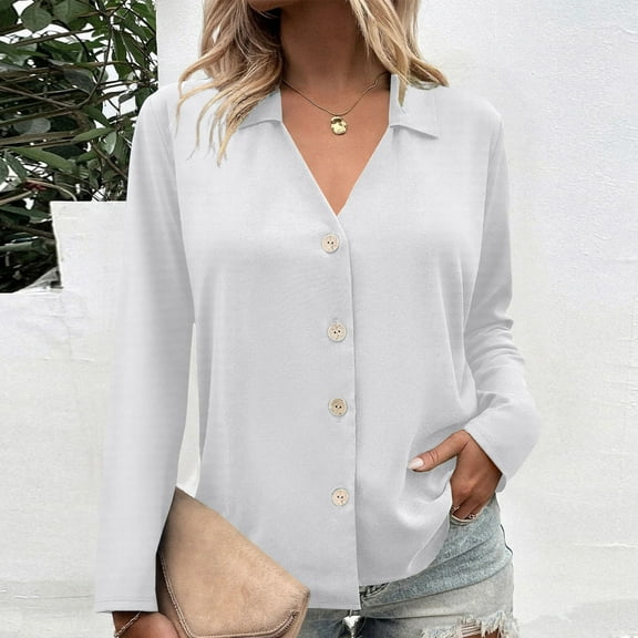 Delliss Women's Button Lapel Baggy Top Solid Color Long Sleeve Blouse S-3XL