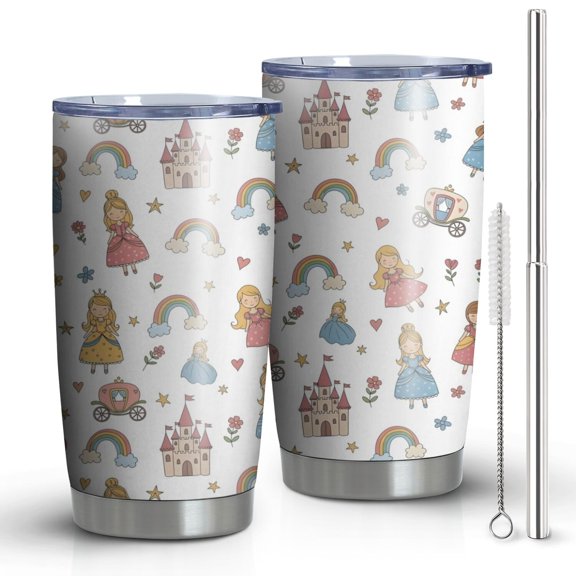 20oz Tumblers White Princess Castle Pattern Stainless Steel Vacuum Insulated Double Wall Travel Tumbler Cups Mug with Lid and Straw,Cleaning Brush for Cold & Hot Drinks