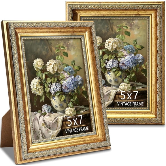 5x7 Picture Frame, Ornate Vintage Gold Photo Frames with HD Glass for Wall Decor or Tabletop Display, Antique 5 x 7 photo frame with Distressed Rust-Like Finish, Retro Home Decor, 2 Pack