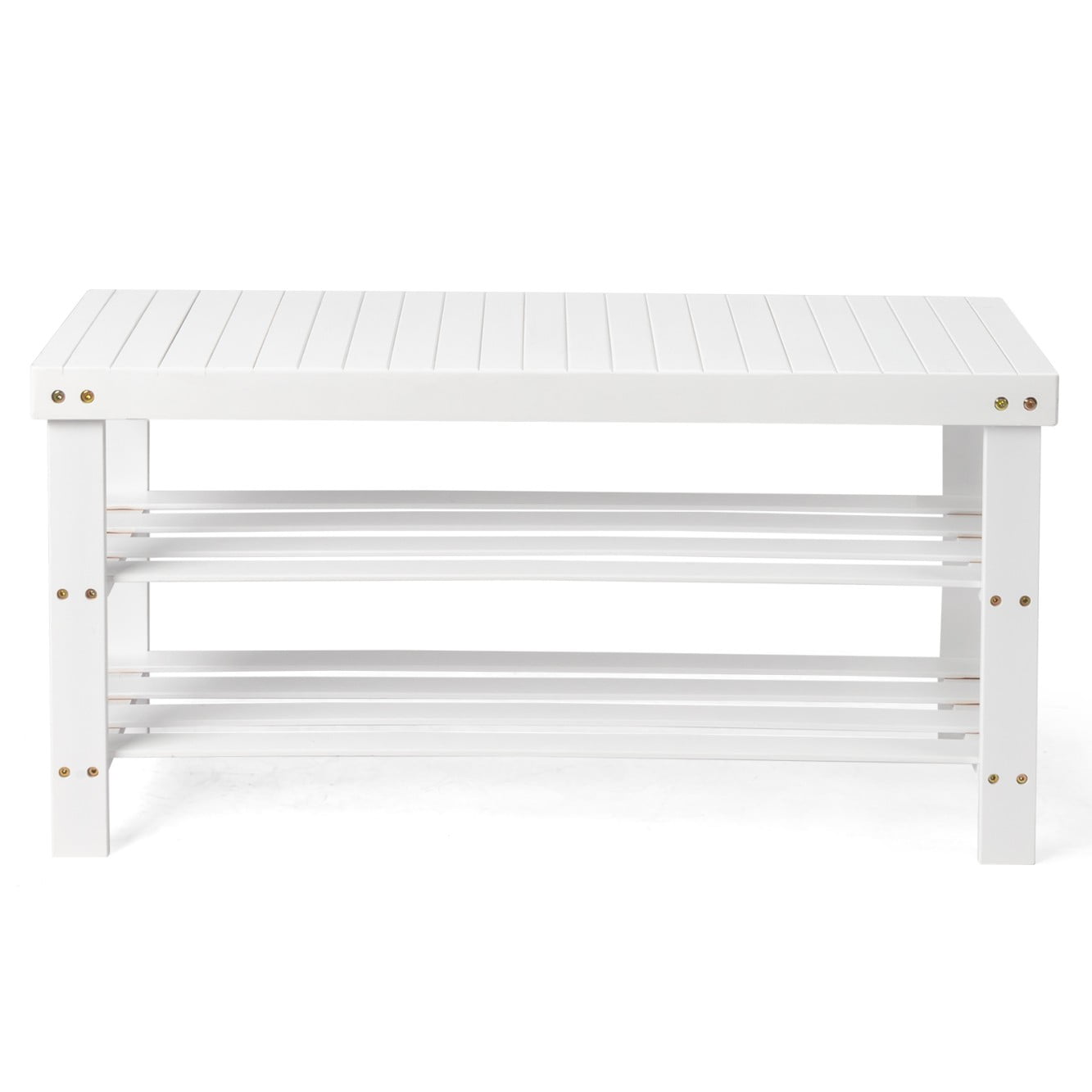 Tcbosik 3-Tier Shoe Rack Bench, White Bamboo Entryway Organizer, Space-Saving Shoe Storage with Seamless Top, 35.43"L x 11.02"W x 17.72"H