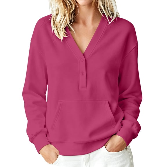 Drses Women's Oversized V Neck Button Sweatshirt, Collared No-Hood Long Sleeve Solid Stripe Fleece Pullover Tops with Pocket for Gym Daily Casual Wear