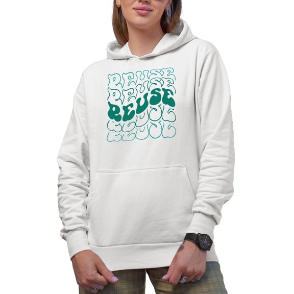 Reuse, Environmentalist or Nature Lover Themed, Groovy Retro Wavy Text Merch Gift, White Hooded Sweatshirt or Hoodie, Small