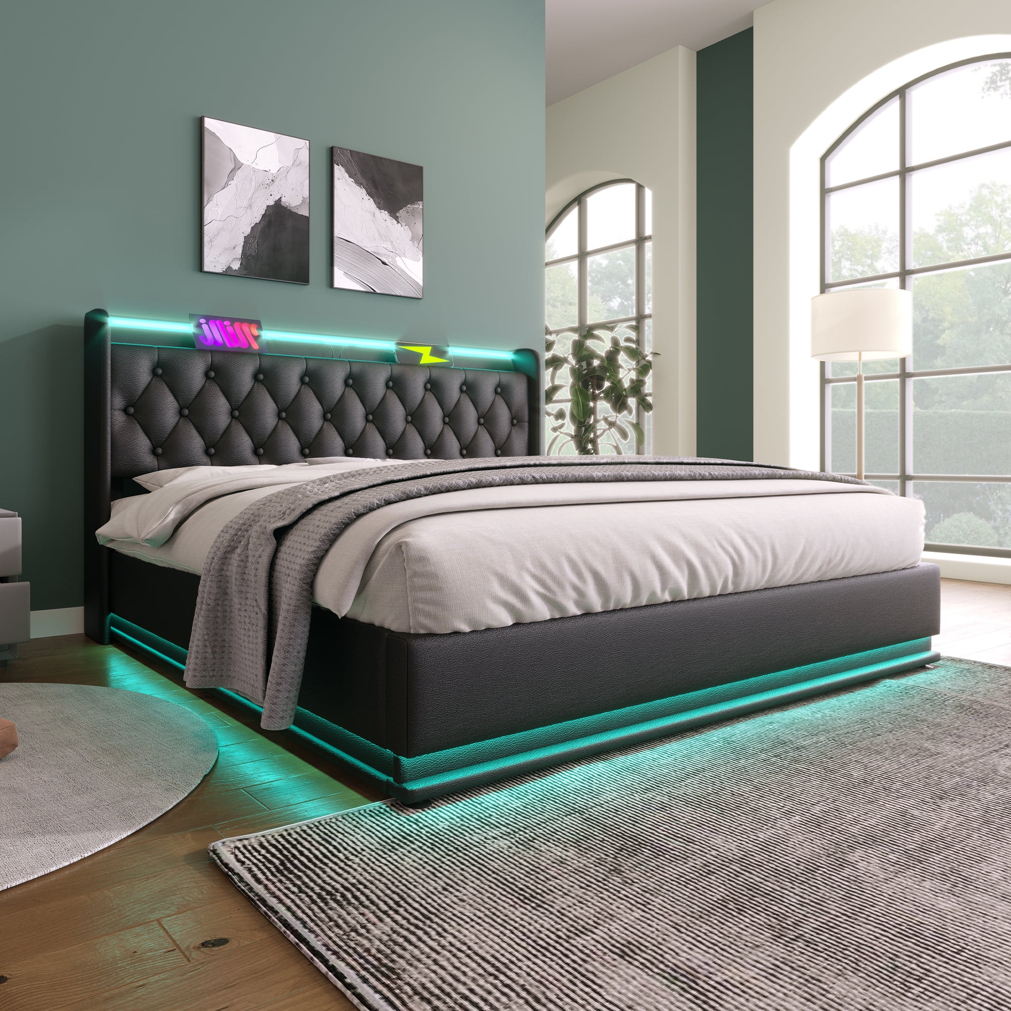 Euroco Upholstered King Size Platform Bed with Hydraulic Storage, 360 Surround LED Light PU Bed with USB Charging Station, Black