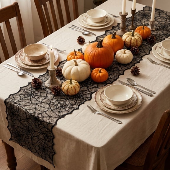 Halloween Table Runner, Black Lace Spider Web Table Runners for Halloween Decor/Party Dinner Table Decoration 18 x 72Inch
