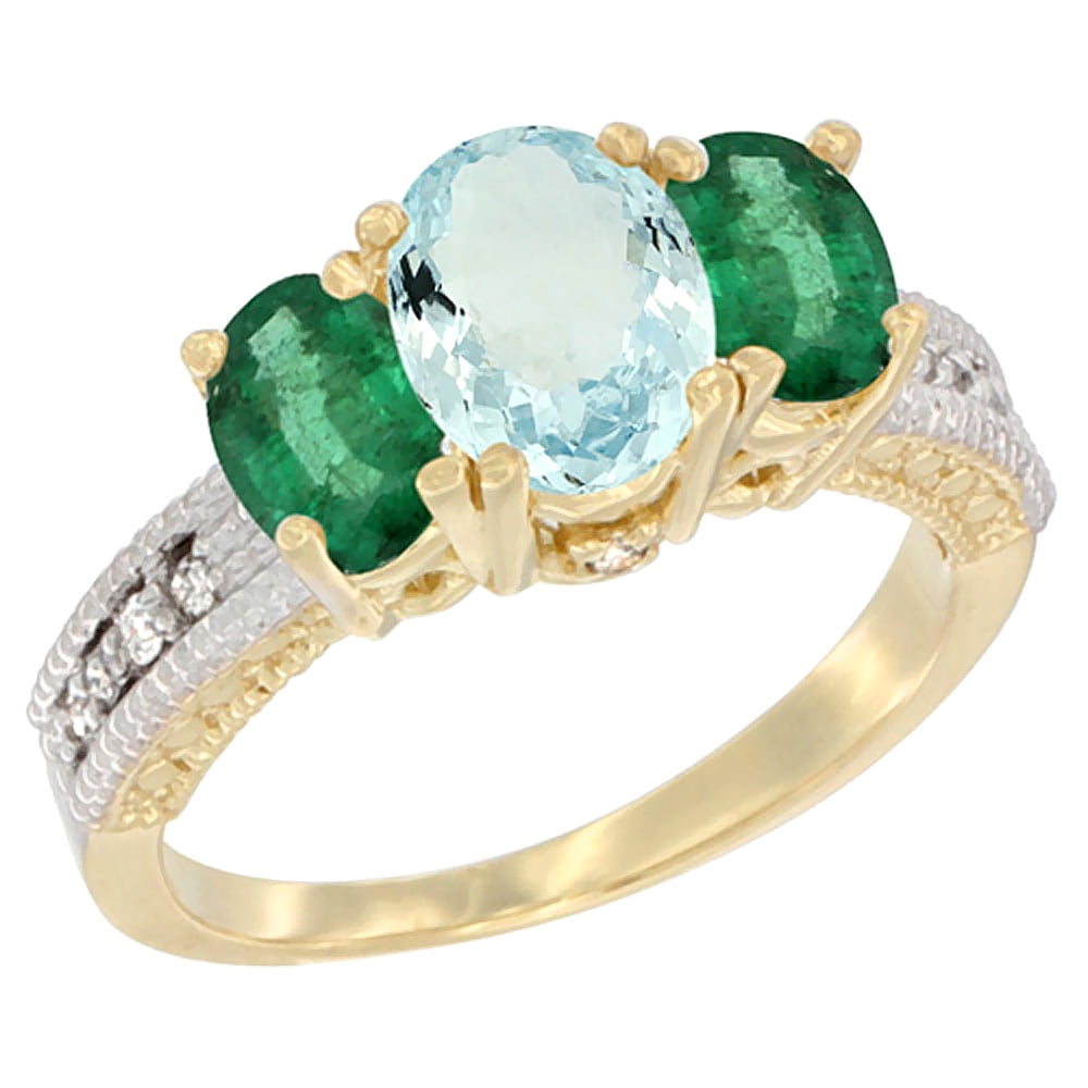 10K Yellow Gold Diamond Natural Aquamarine Ring Oval 3-stone with HQ Emerald, sizes 5 10 by WorldJewels