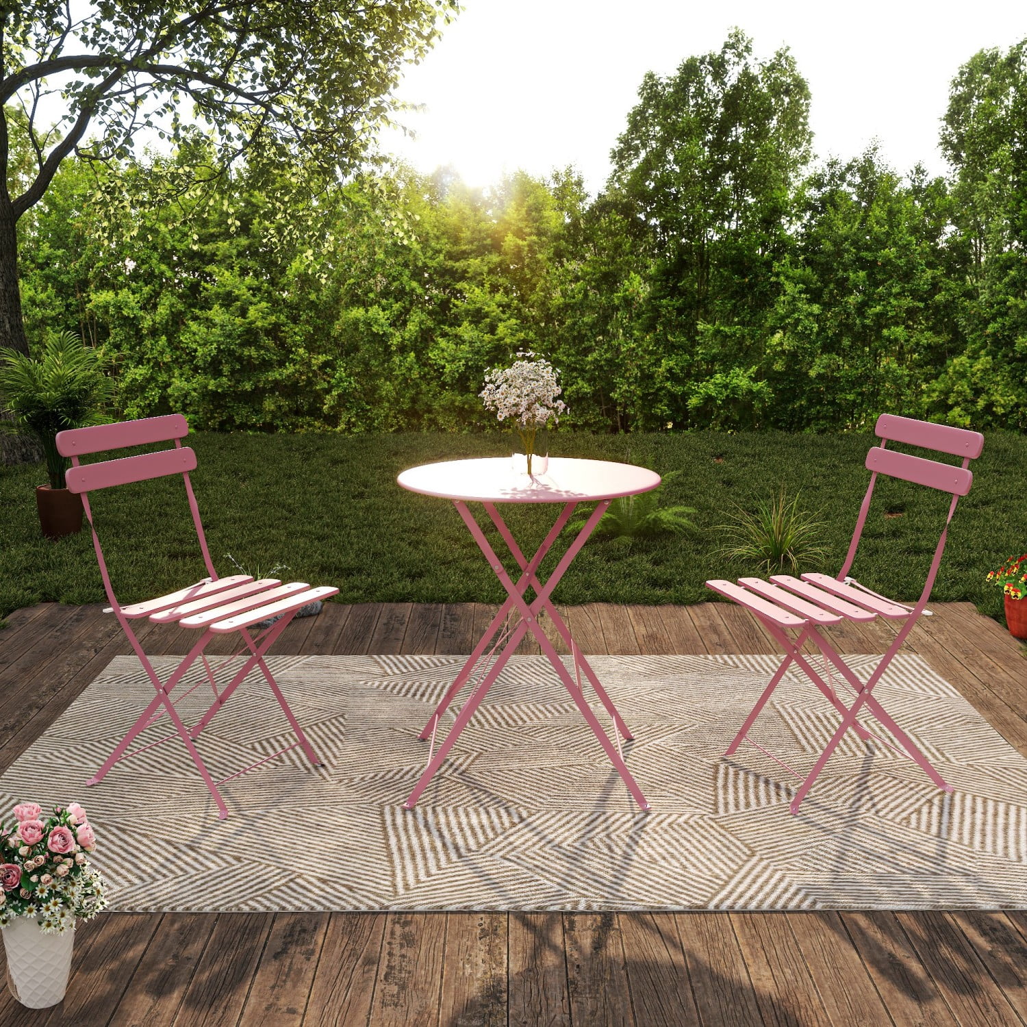 Bistro Table and Chairs Set for 2, 3 Piece Outdoor Patio Bistro Set with Folding Table and 2 Cushioned Chairs, Rust-Resistant Frame, Pink