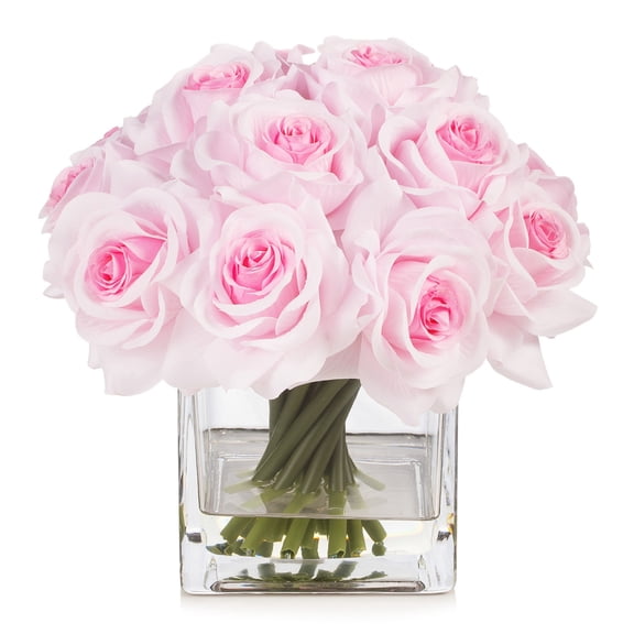 16 Heads Silk Rose Flowers in Glass Vase with Faux Water