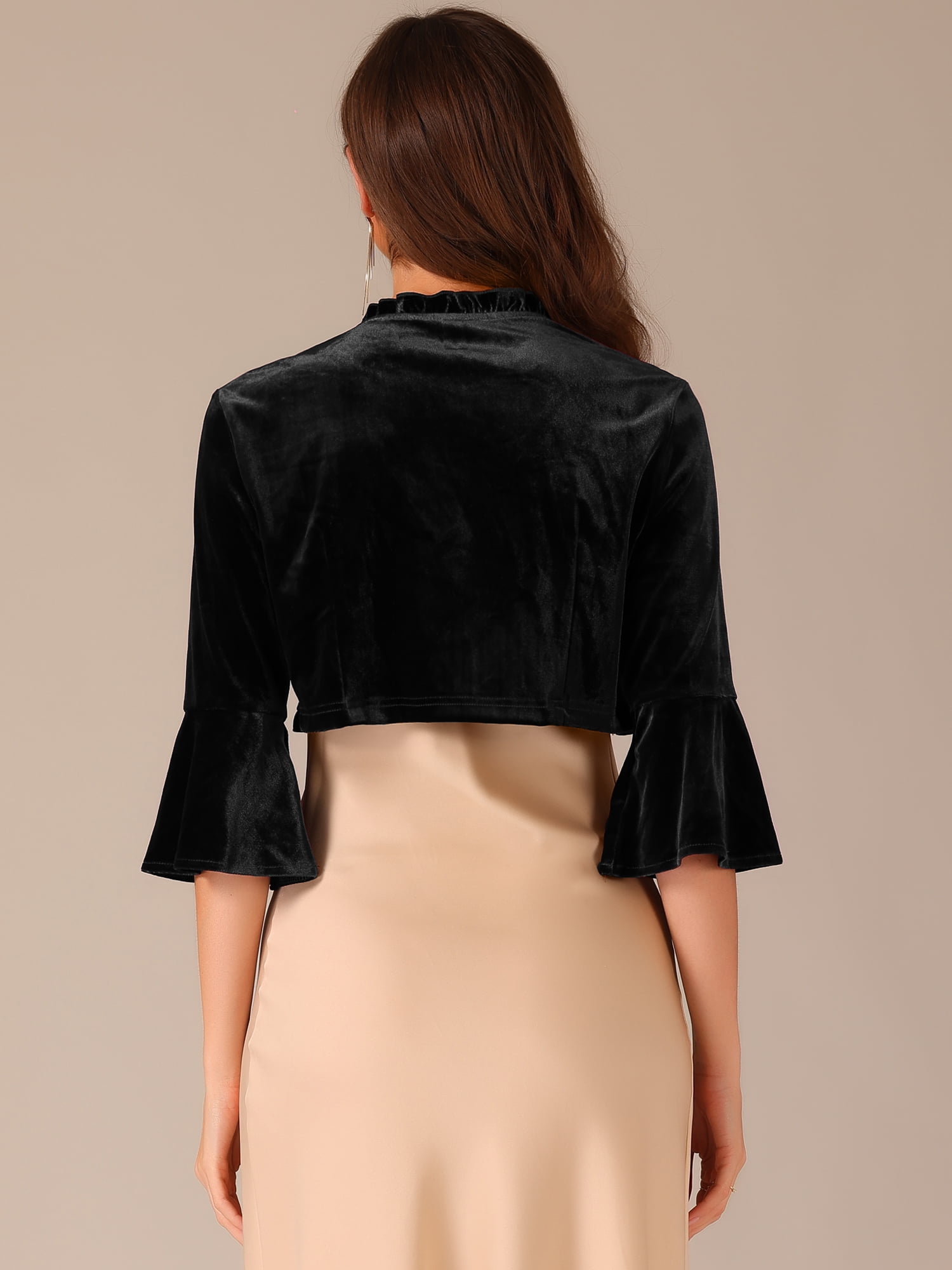 DARING DIVA Velvet Shrug Top Ruffled Cocktail Cropped Cardigan XS Black