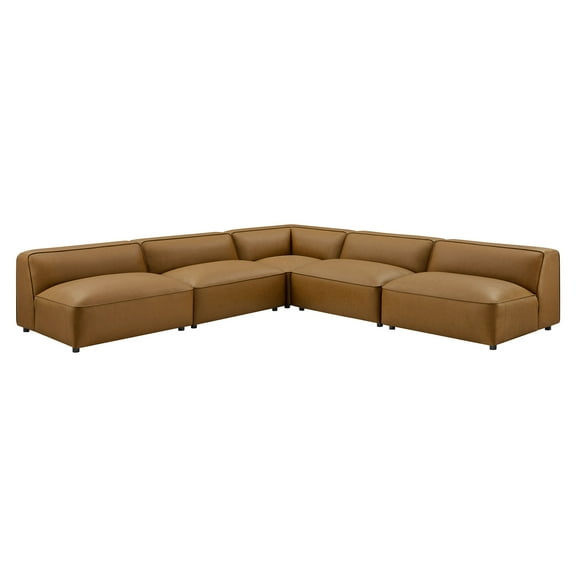 5 pcs Modular Sofa, Brown, Faux Leather, Living Room Lounge Cafe Lobby Hospitality Restaurant, Modern Contemporary, HB37678