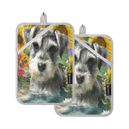 WOBOGO Schnauzer Puppy Oven Mitts 2 Piece Heat Resistant 338 Degrees F Square Insulation Pads for A Wide Range of Cooking Occasions