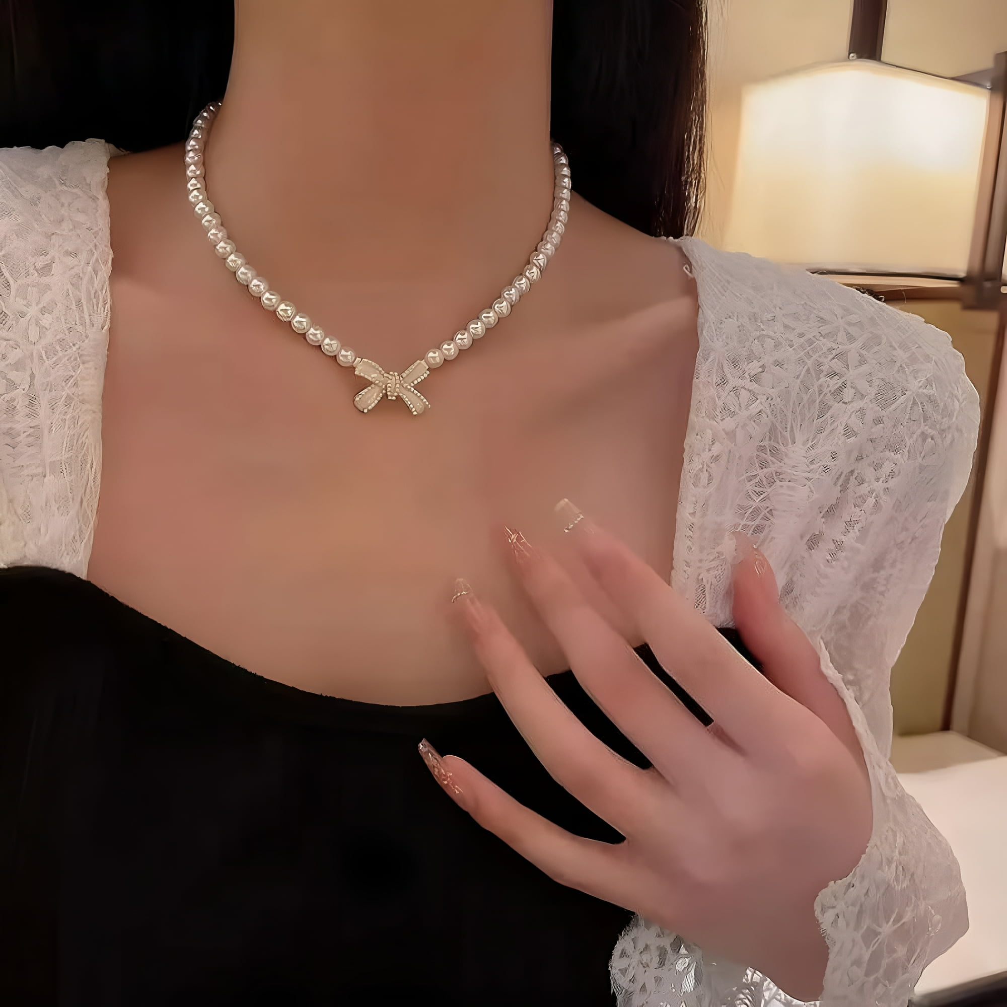 DESIGNICE 2026 New Bow Pendant White, Imitation Pearl Necklaces for Party,Wedding,Gift,Daily
