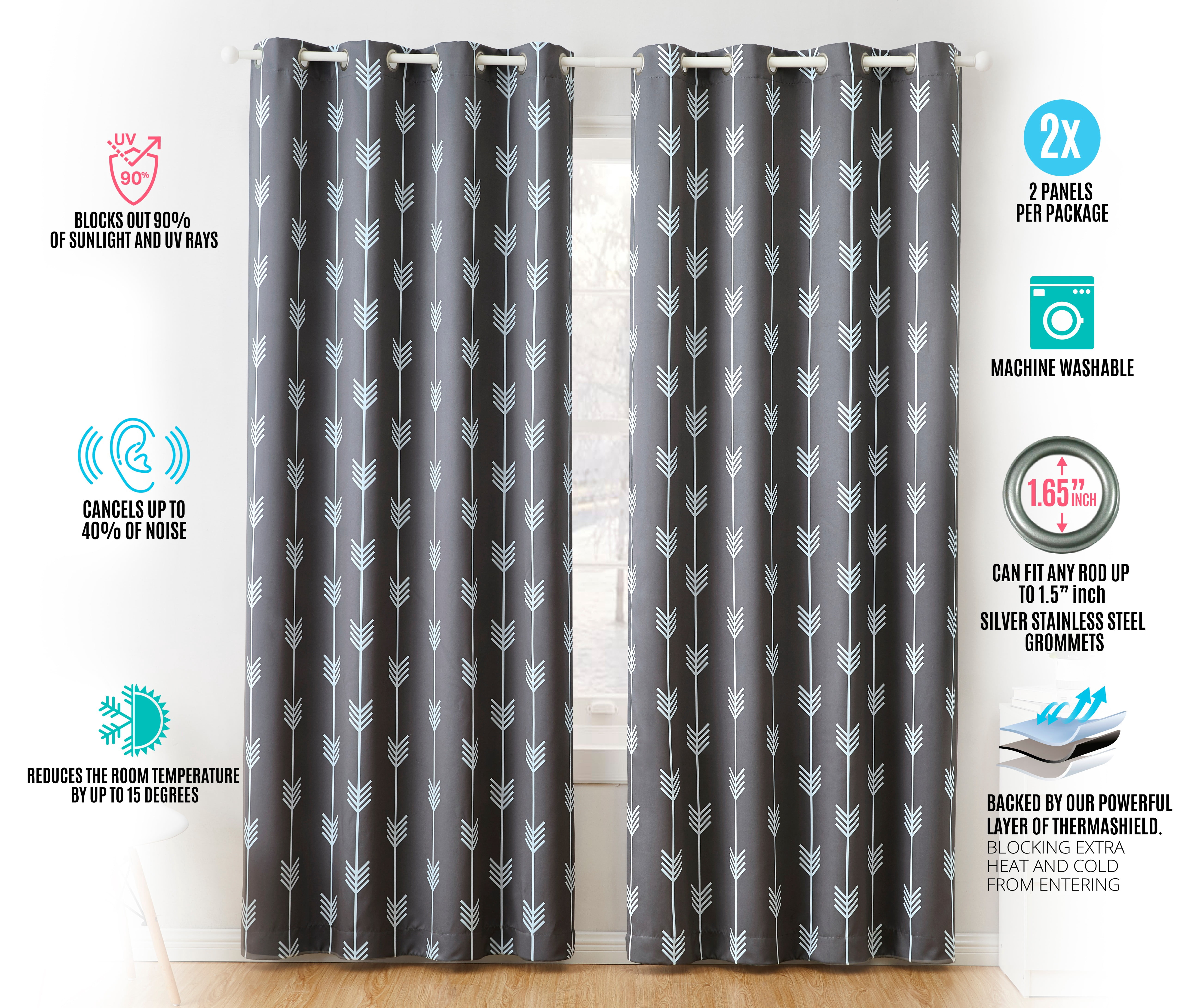 THD Arrow Printed Blackout Room Darkening Thermal Grommet Window Curtain Drape Panels for Kids Room - Set of 2 - Grey - 72 inch Long