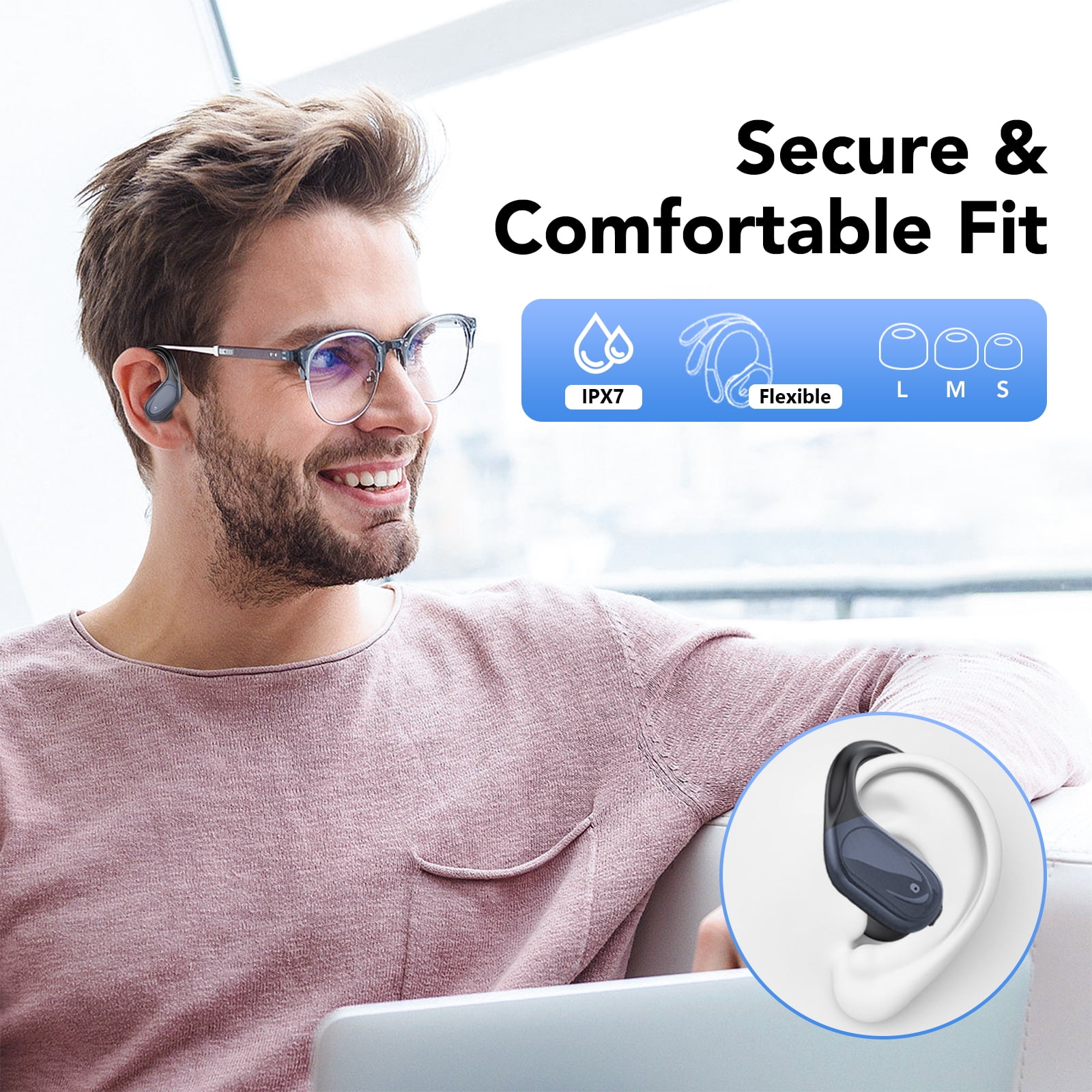 Wireless Earbuds Bluetooth Headphones with Earhooks, 60H Playtime LED Display, Deep Bass Over Ear Buds, IPX7 Waterproof Sport Earphones Built-in Mic for iPhone Android Running Gym, Black