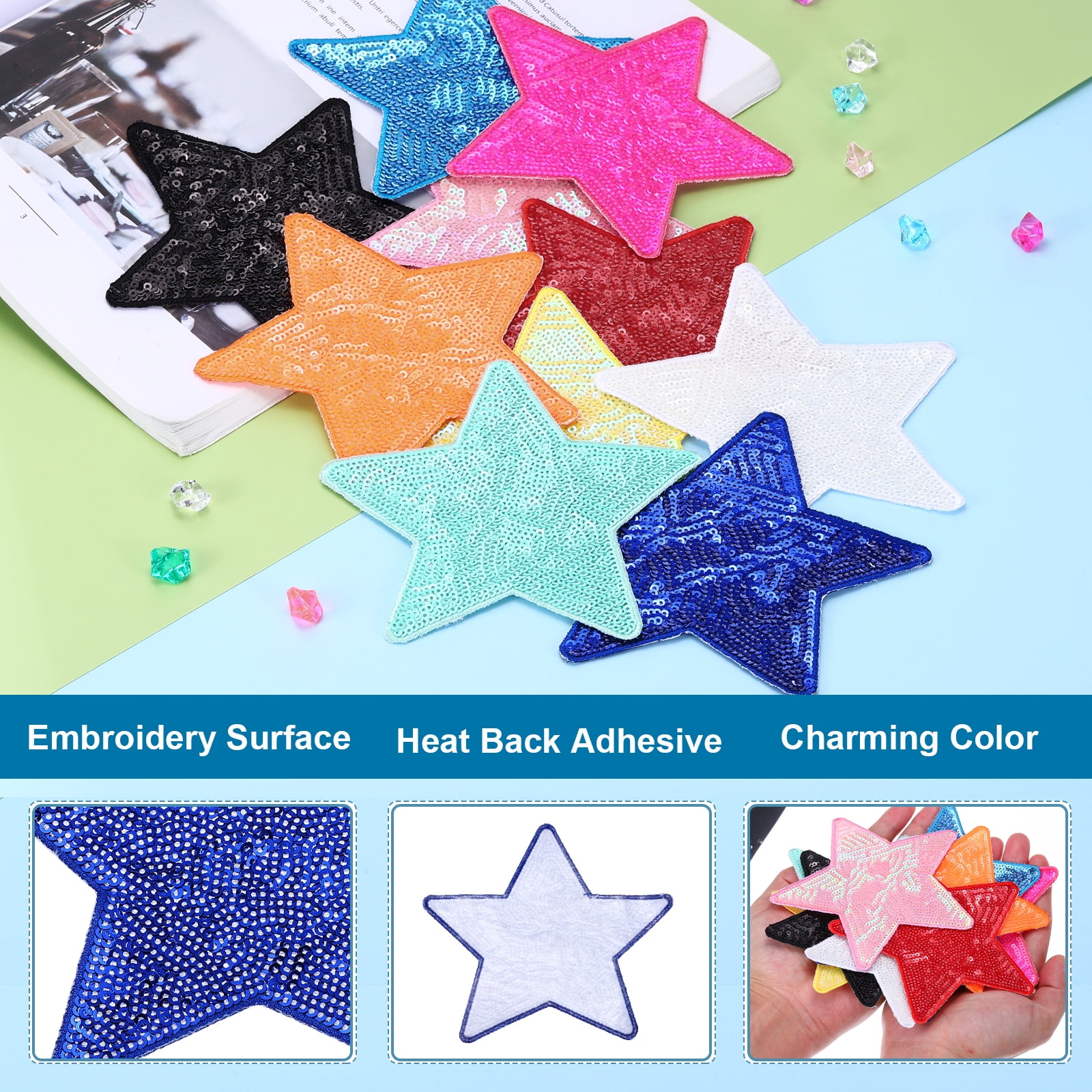 Uxcell Sequin Star Iron on Patches, Embroidery Sequin Patches for Clothing Repair Backpack Shoes Decorations Deep Blue 5 in