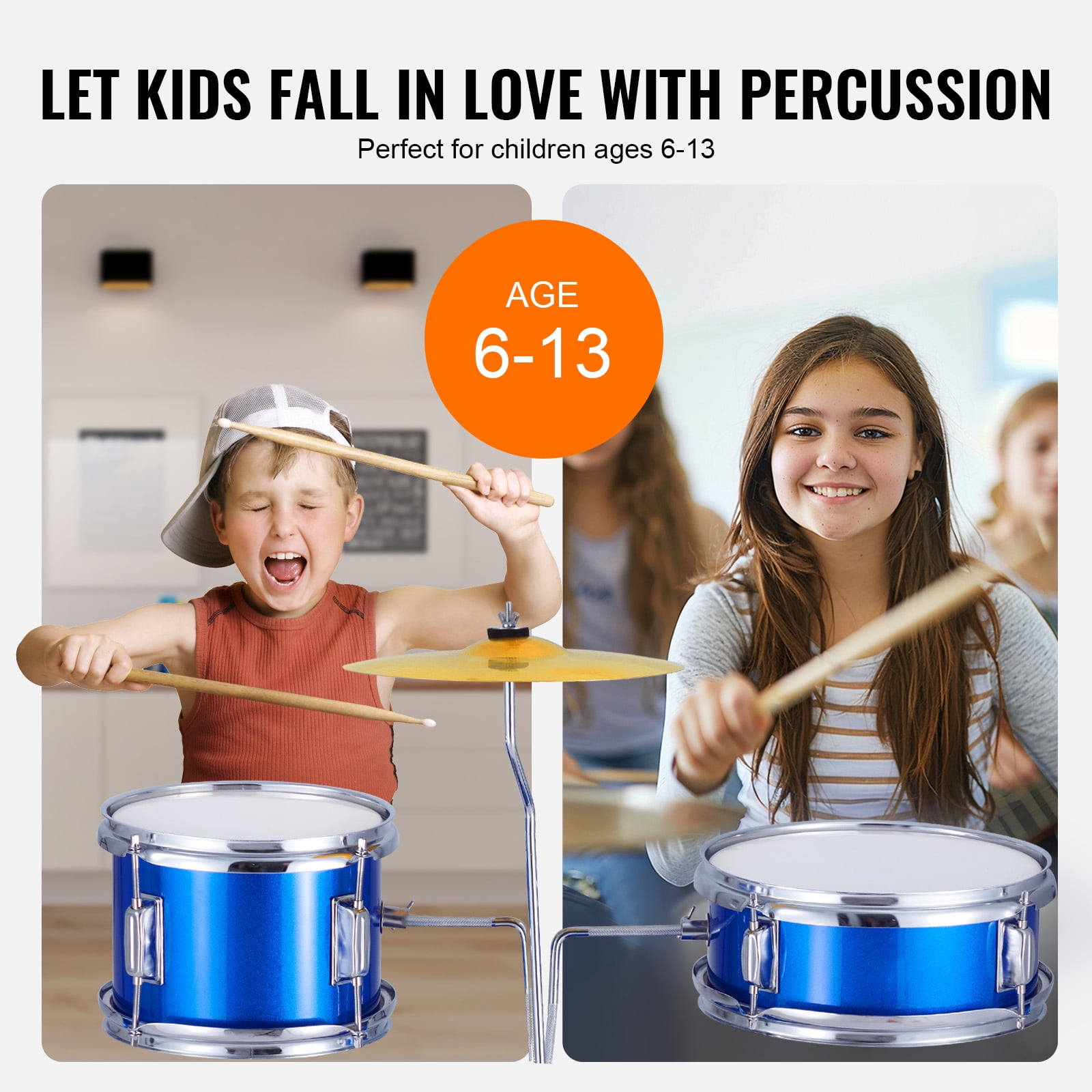 KFFKFF Children's Drum Kit, 3-Piece Set Drum, 14 '', Includes Adjustable Seat, Cymbal, Pedal, 2 Drumstick Pairs, 8'' Tom, 10'' Snare, 14'' Bass Drums, Ideal for Beginners, Blue