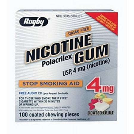 4 Pack Rugby Nicotine Polacrilex Gum 4 mg Sugar Free, Coated Fruit 100 Pieces Ea
