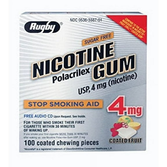 4 Pack Rugby Nicotine Polacrilex Gum 4 mg Sugar Free, Coated Fruit 100 Pieces Ea