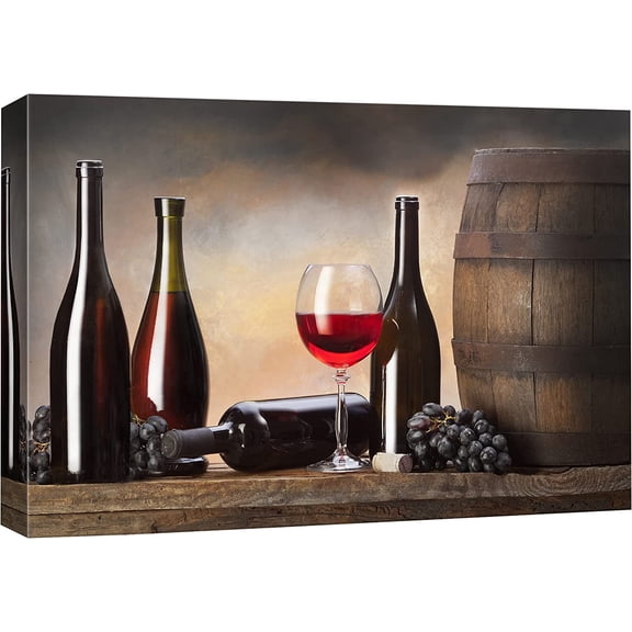 Aaheei Canvas Print Wall Art Red Wine Bottles with Grapes & Barrel Drinks Cocktails Photography Modern Art Chic Scenic Multicolor Ultra for Living Room, Bedroom, Office 8 x 10 in