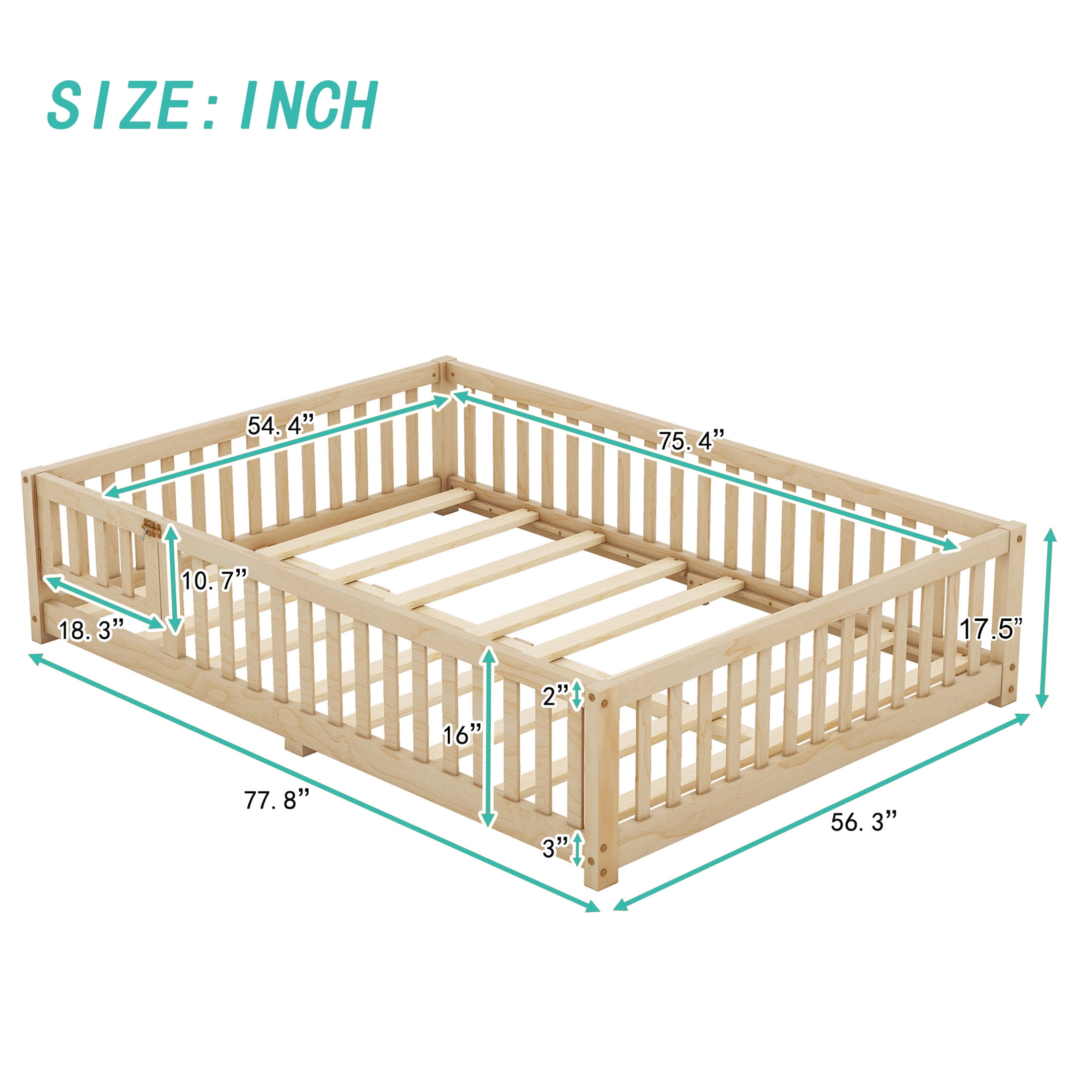 Aukfa Full Size Floor Bed for Kids Children, Wood Montessori Bed Frame with Safety Guardrails and Door, Natural