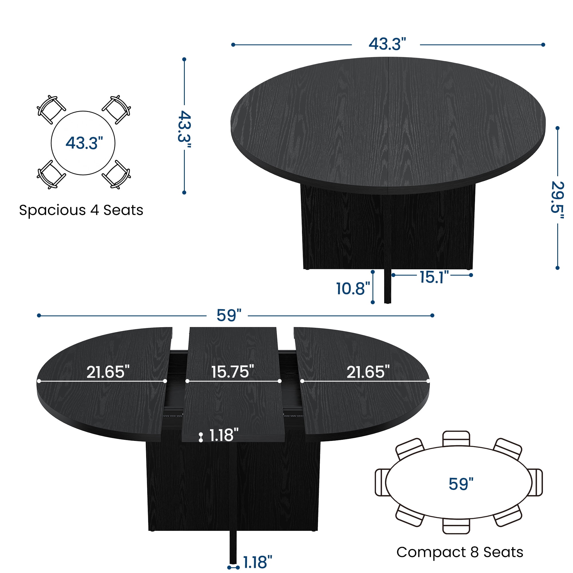 Space-Saving Extendable Round Dining Table for 4-8 – Modern Black Woodgrain, Removable Leaf, Sturdy Cross Wood Base – Woodgrain Black