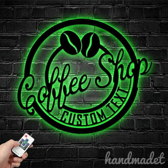 Handmadetneonsign Coffee Shop Name Metal Wall Art LED Light, Coffee Shop Name Metal Sign Decor