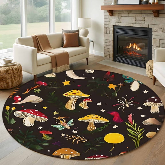 Yellow Red Mushrooms Round Area Rug 6 FT, Non Slip Bedroom Area Rug, Black Forest Botanical Vintage Washable Soft Circular Carpet Non-Shedding Floor Mat for Kitchen Dining Room Home Office Kids Room