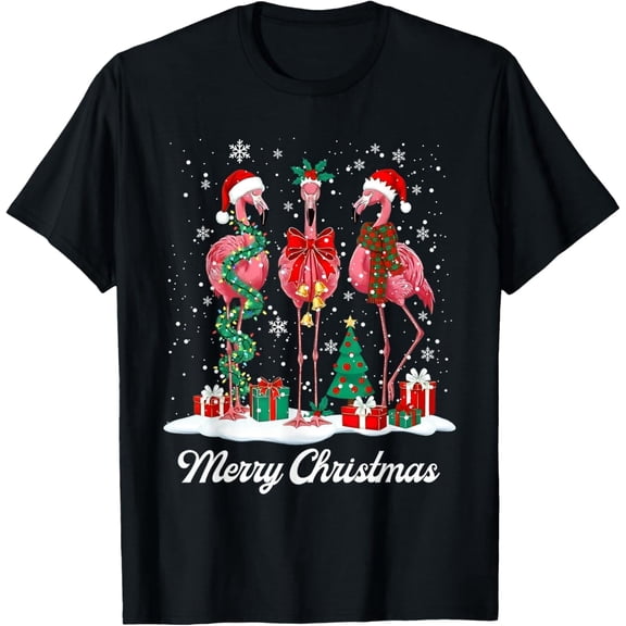 Merry Christmas Flamingo Santa Hat Christmas Light Snow Xmas Adult T-Shirt