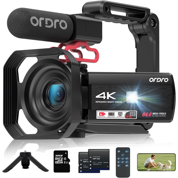 ORDRO 4K 30FPS Video Camera 64MP Camcorder with IR Night Vision 18X Digital Zoom for Vlog Youtube