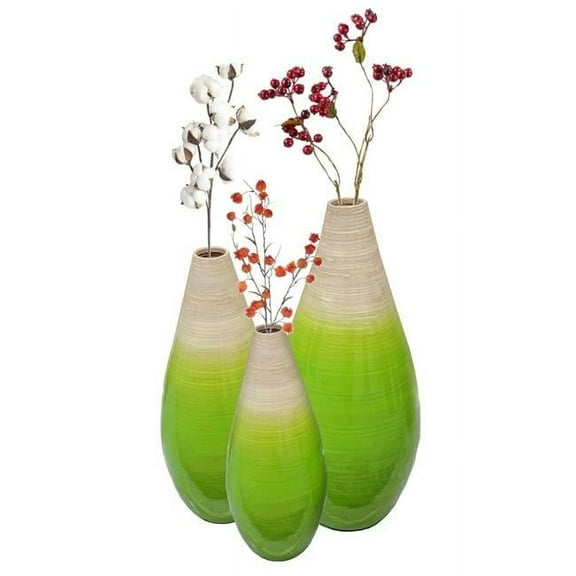 Uniquewise Bamboo Floor Flower Vase Tear Drop Design for Dining, Living Room, Entryway Decor Fill It with Dried Branches or Flowers, Green Set of 3