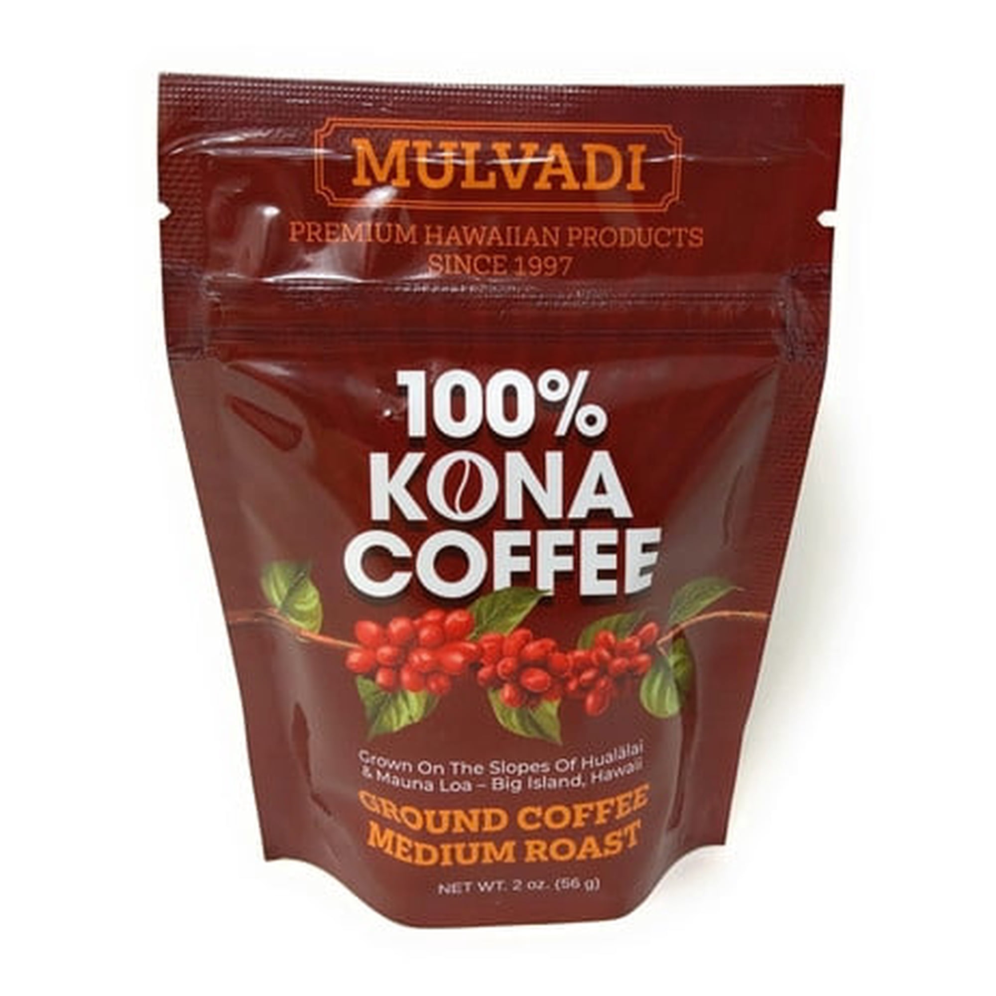 Mulvadi Corporation 100% Kona Coffee Ground Medium Roast, 2 oz - Premium Single Origin from Hawaii, Smooth & Aromatic Taste, Grown on Big Island, Handpicked, Small Batch Roasted